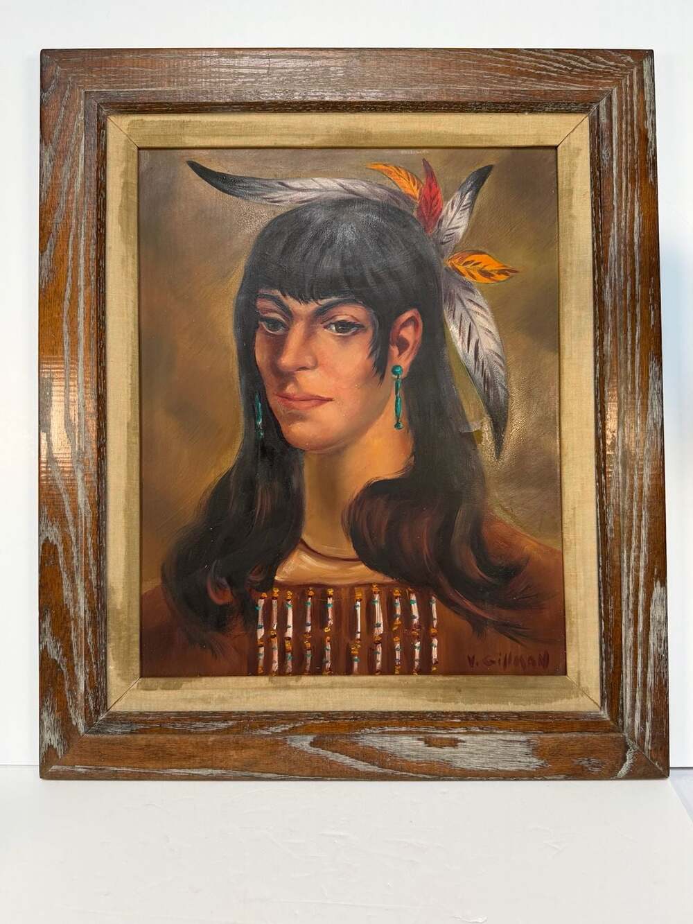Vtg American Indian Portrait Oil Painting Masonite Signed V Gillman Mid Century